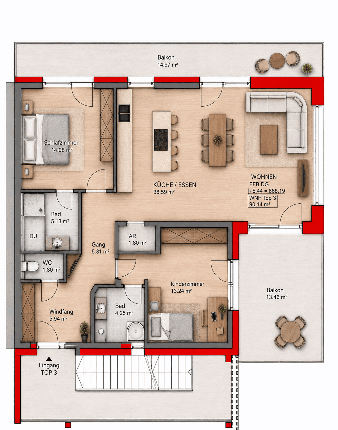 Detaillierter Grundriss einer Wohnung mit drei Zimmern, offener Küche und zwei Balkonen.