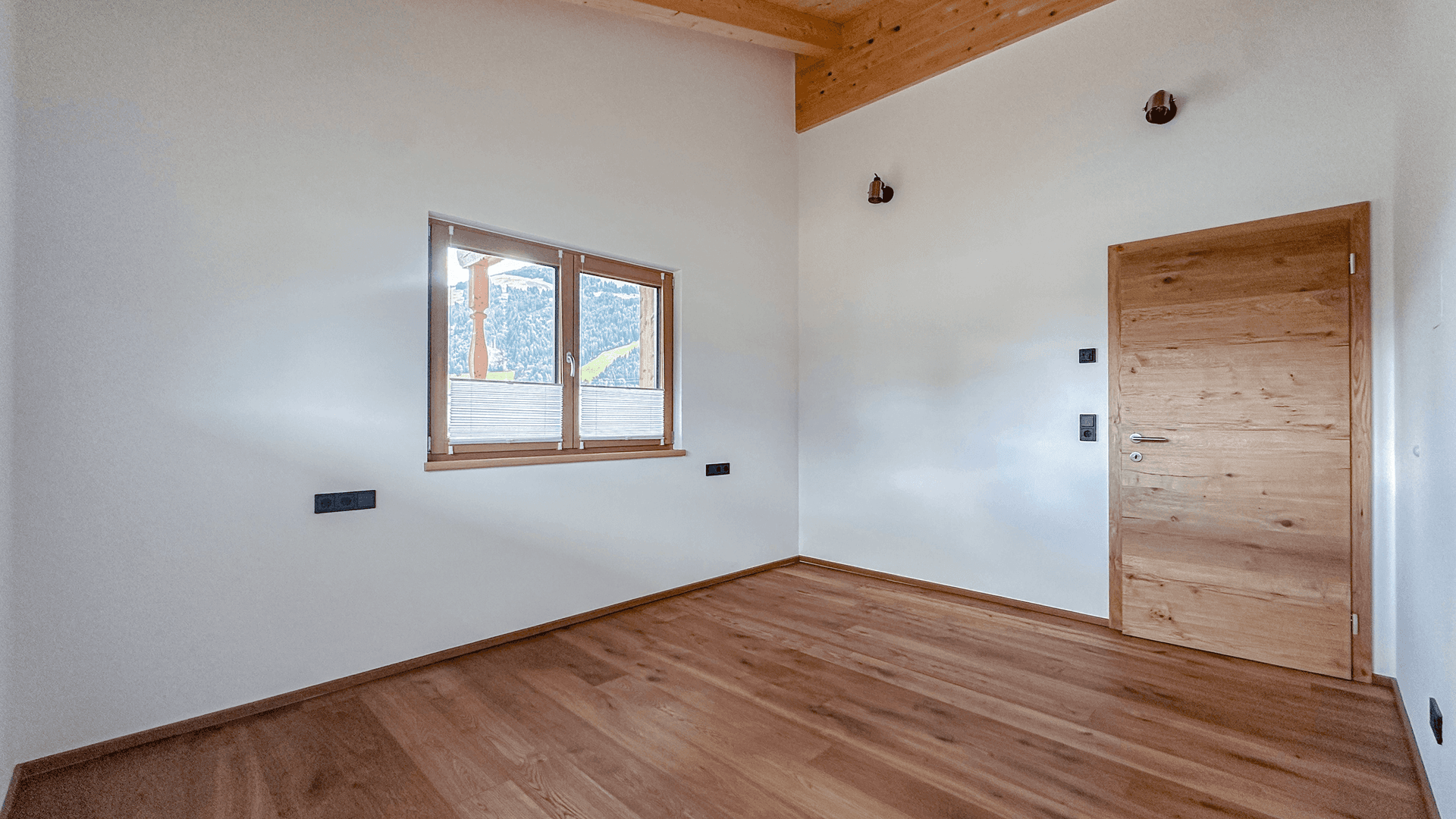 Leeres Zimmer mit Holzboden, Holztür und Fenster mit Blick ins Grüne.
