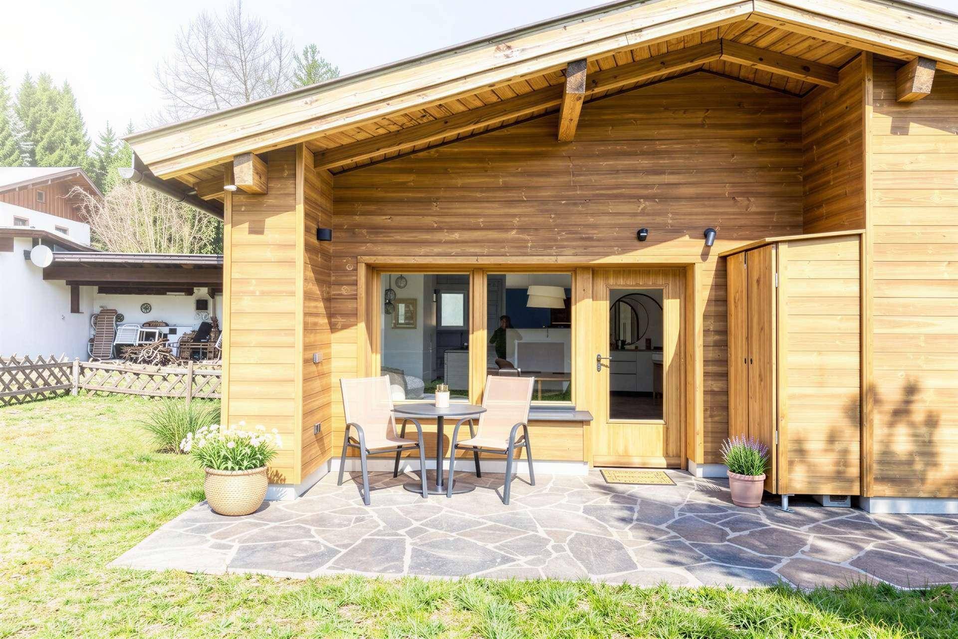 Sonnige Terrasse mit Gartenmöbeln vor einem Holzhaus und Rasenfläche.