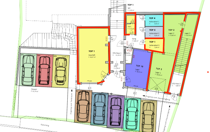 Grundrissplan mit mehreren Parkplätzen, Carport und Kellerabteilen für verschiedene Einheiten.