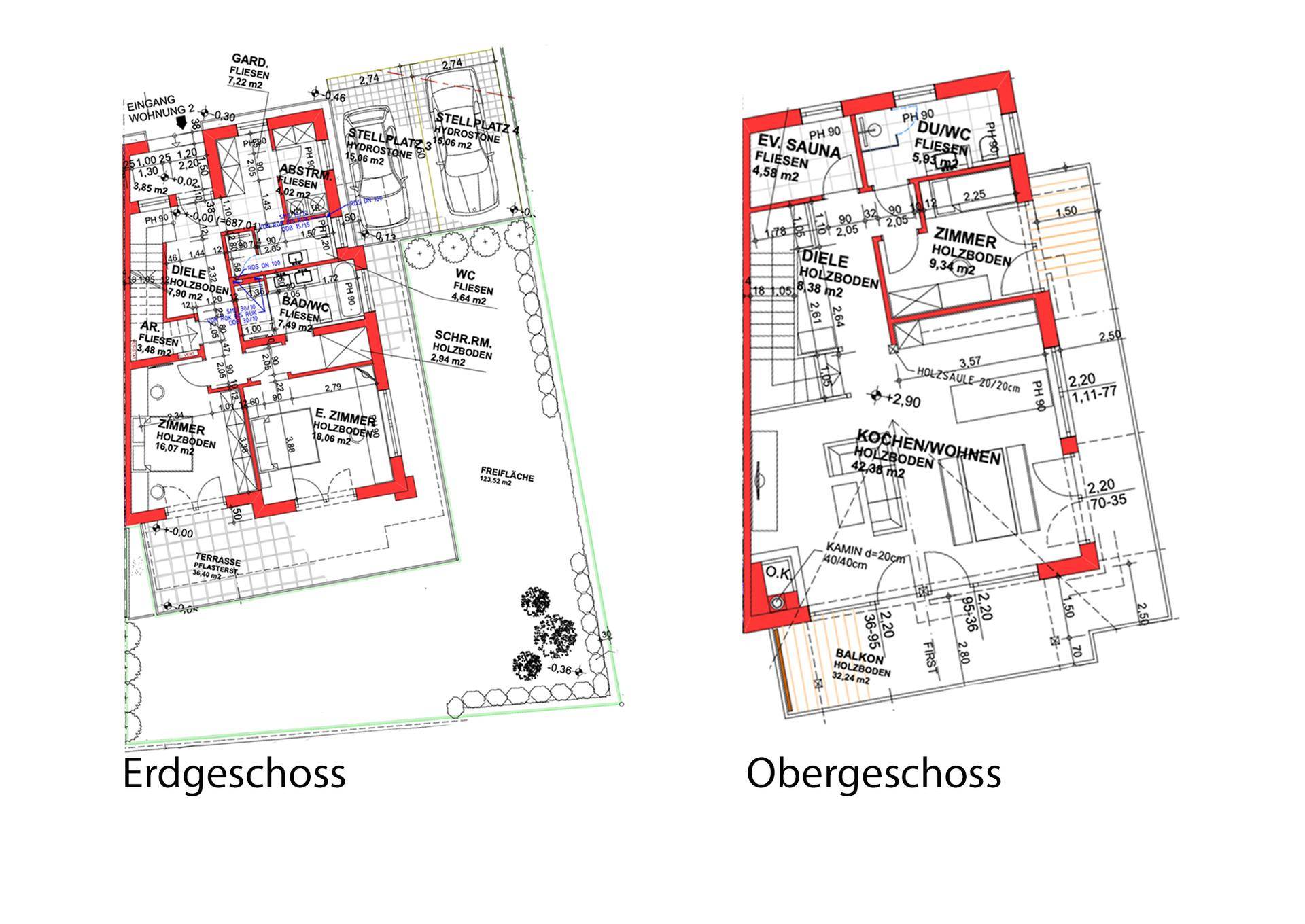 Grundrisse für Erdgeschoss und Obergeschoss mit Balkon und Gartenbereich.