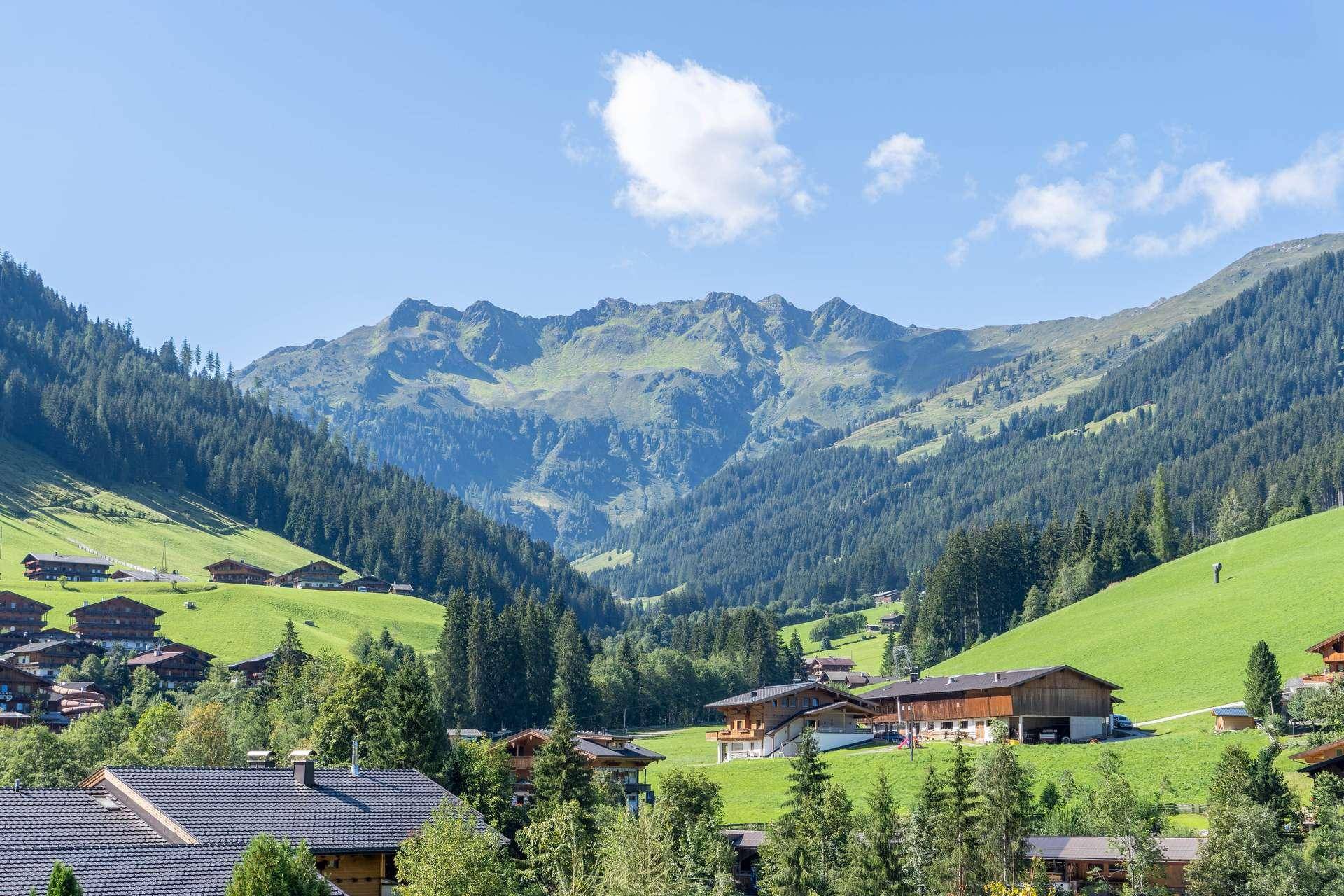 Weitläufiges Bergpanorama mit grünen Tälern, bewaldeten Hängen und einem klaren blauen Himmel.