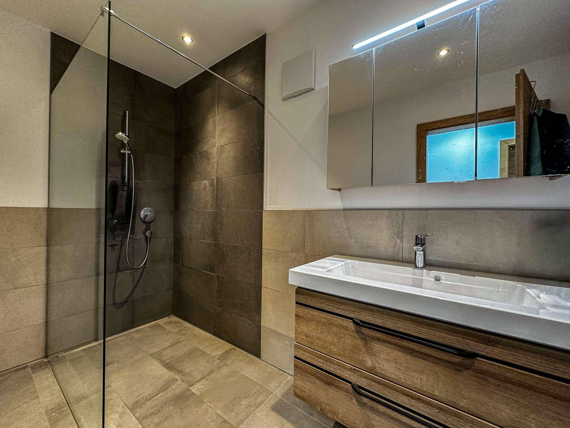 Modernes Badezimmer mit begehbarer Dusche, Einzelwaschbecken und Spiegelschrank.