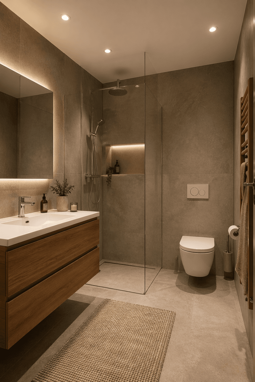 Modernes Badezimmer mit begehbarer Dusche, eleganten grauen Fliesen und Holzwaschtisch.