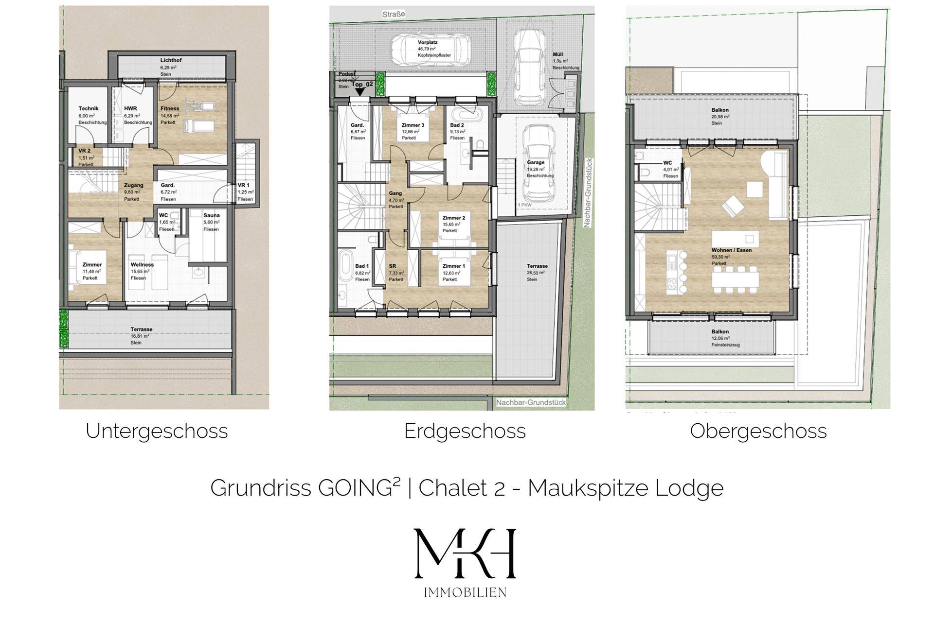 Grundrissdarstellung des Unter-, Erd- und Obergeschosses eines modernen Chalets.