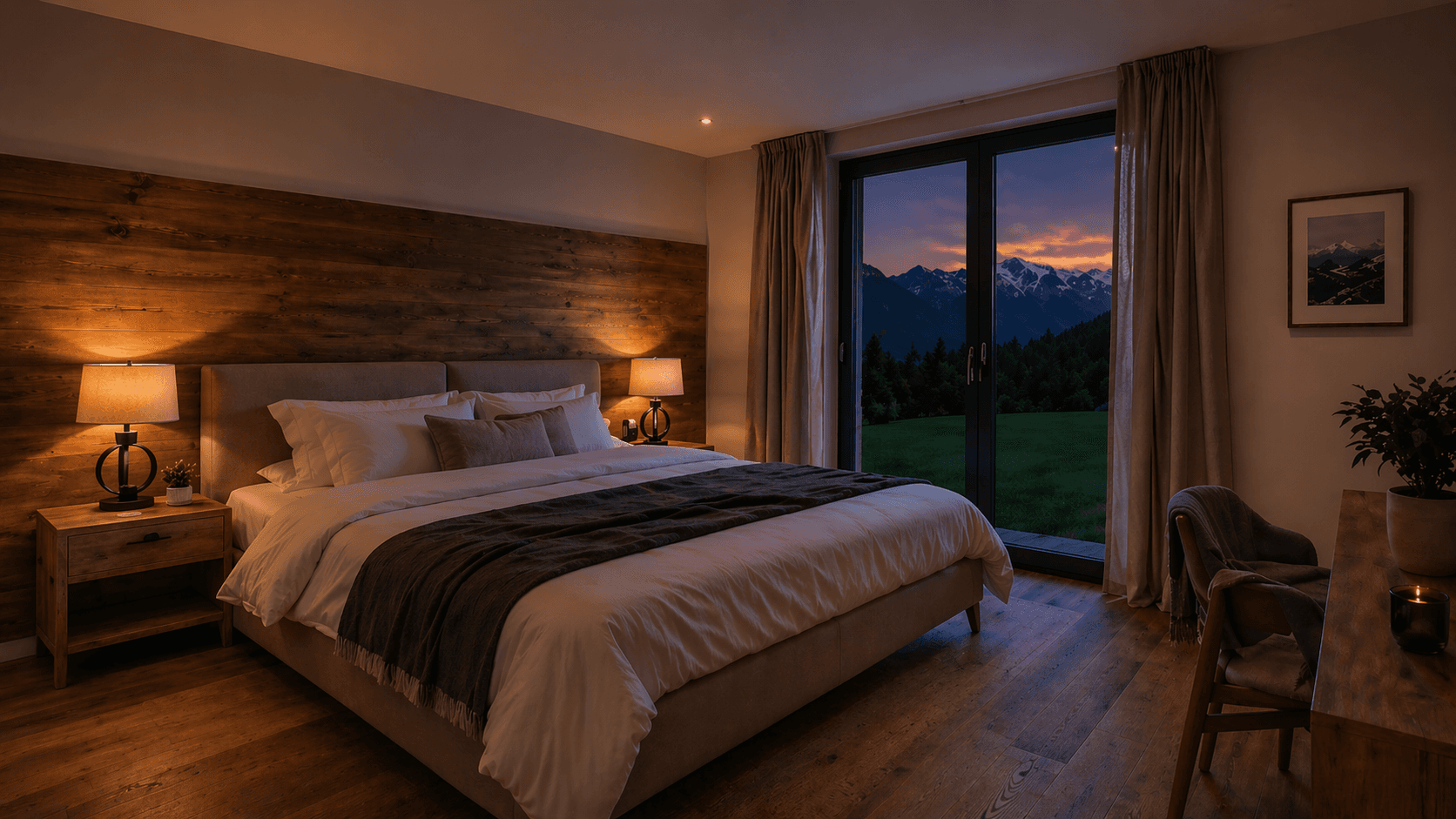 Gemütliches Schlafzimmer mit Holzwand, großen Fenstern und atemberaubendem Blick auf die Bergwelt bei Sonnenuntergang.