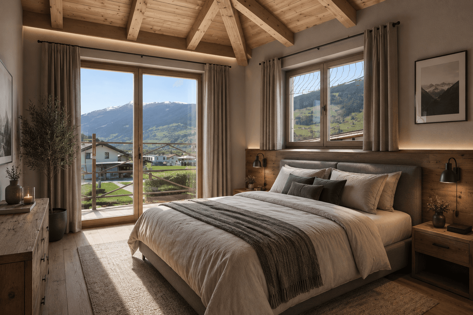 Helles Schlafzimmer mit Holzbalkendecke, großem Fenster und Balkonzugang mit weitem Blick auf die Bergwelt.