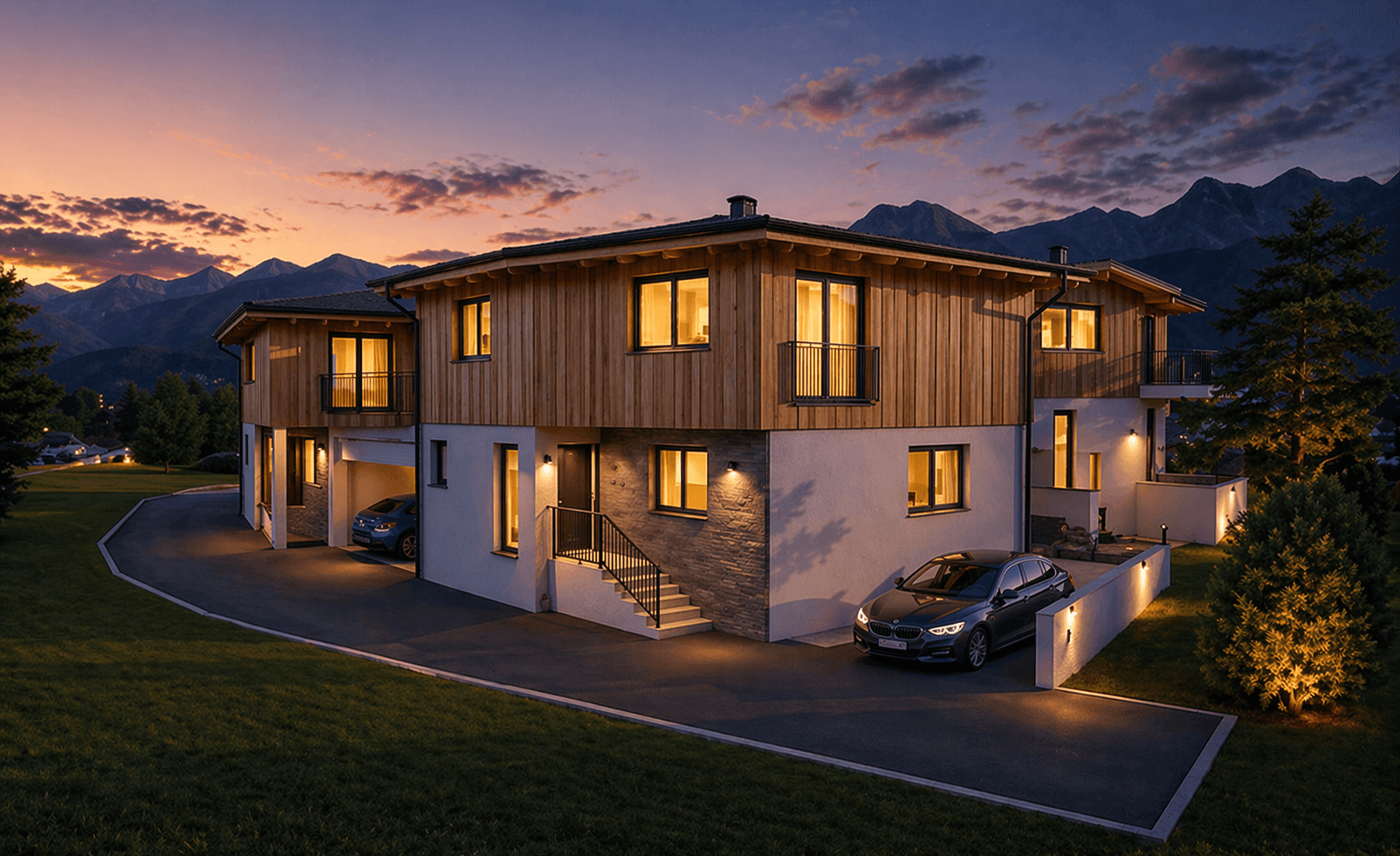 Moderne Architektur mit Holz- und Steinfassaden, umgeben von alpiner Natur bei Sonnenuntergang.