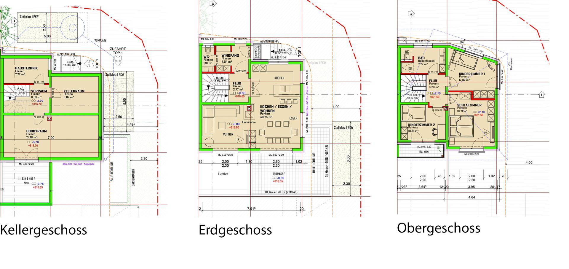 Grundrisse für Kellergeschoss, Erdgeschoss und Obergeschoss des Gebäudes.