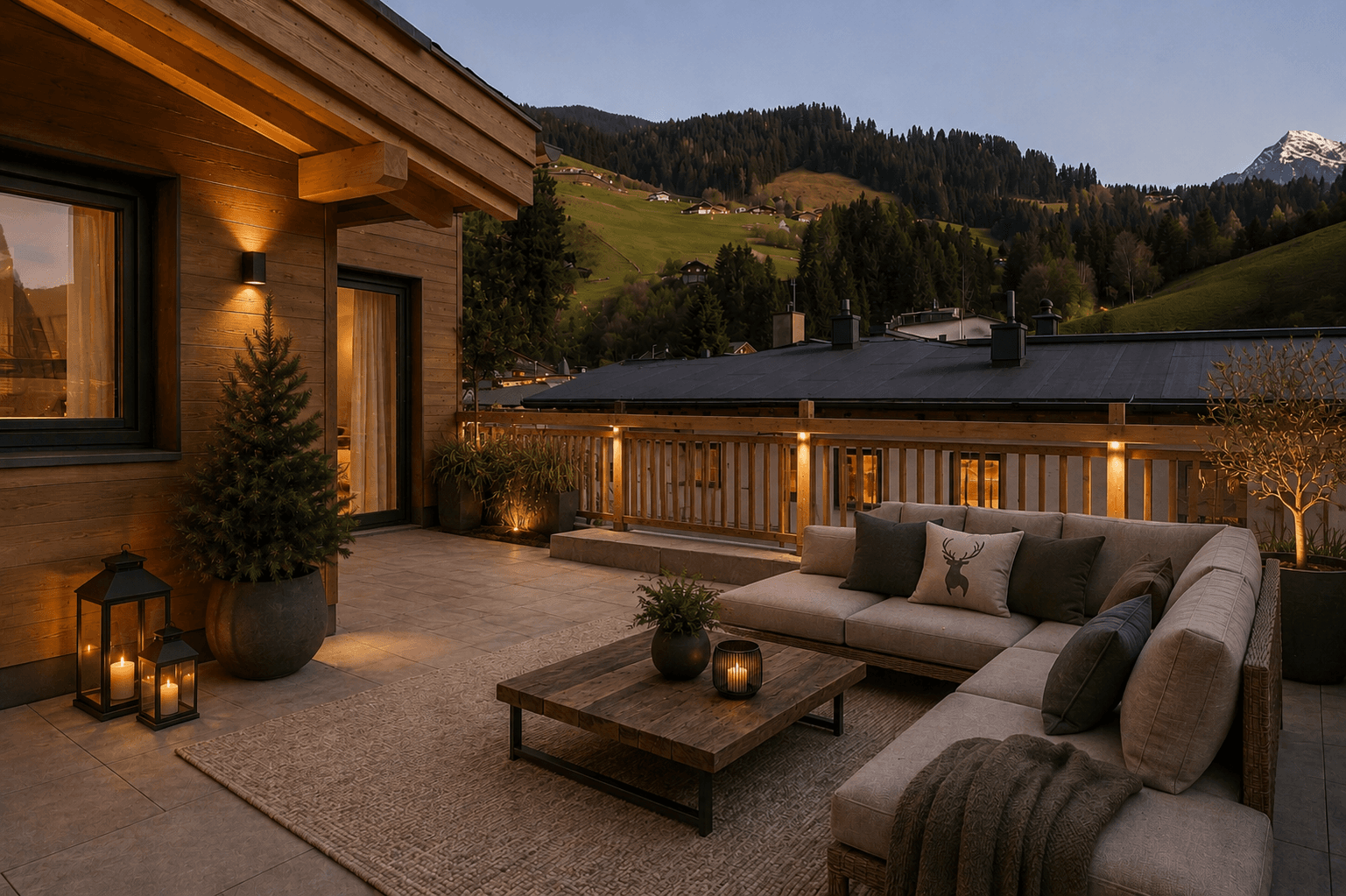 Gemütliche Terrasse am Abend mit bequemen Loungemöbeln und Blick auf die beleuchteten Berge.