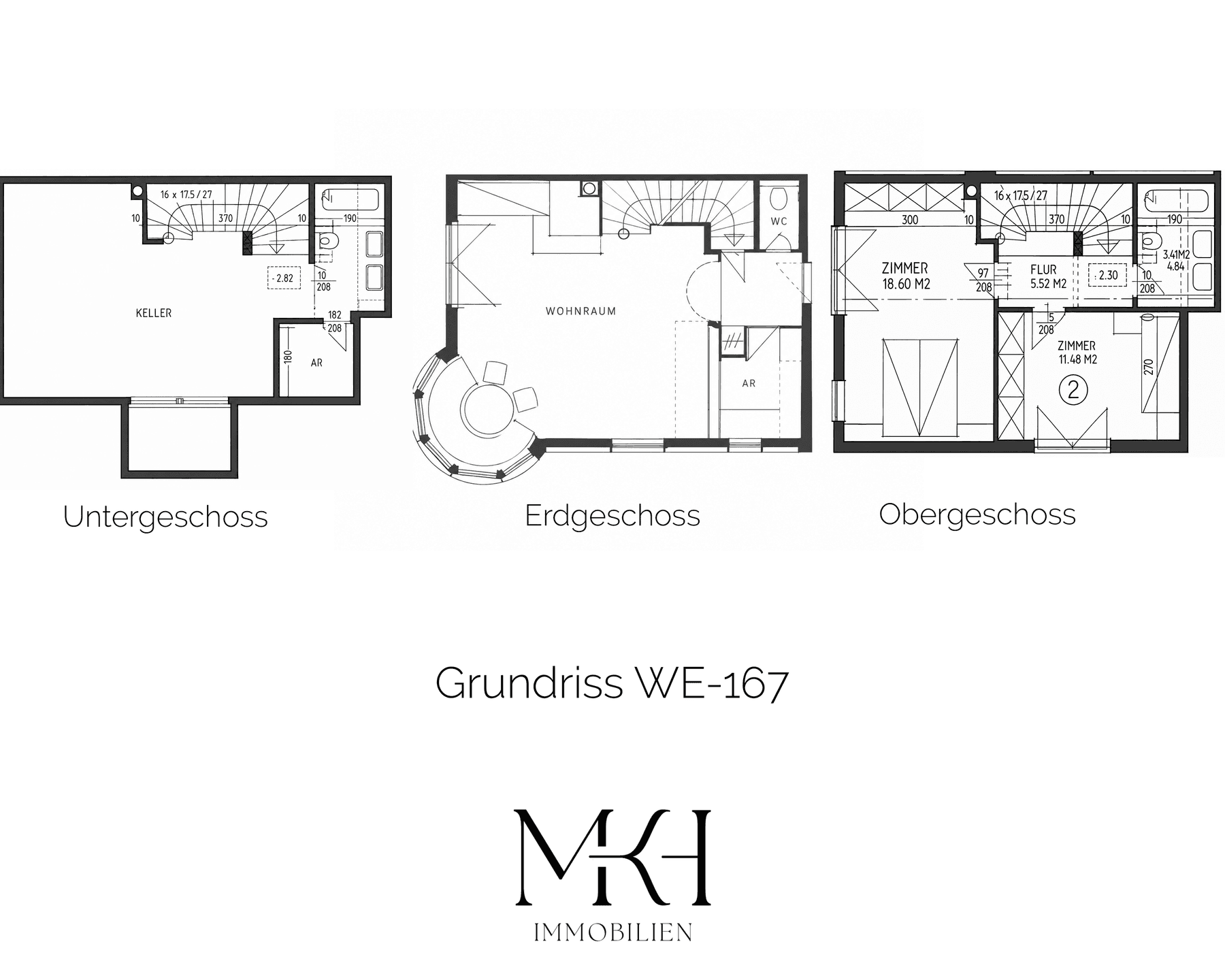 Grundrissdarstellung des Unter-, Erd- und Obergeschosses der Wohneinheit WE-167.