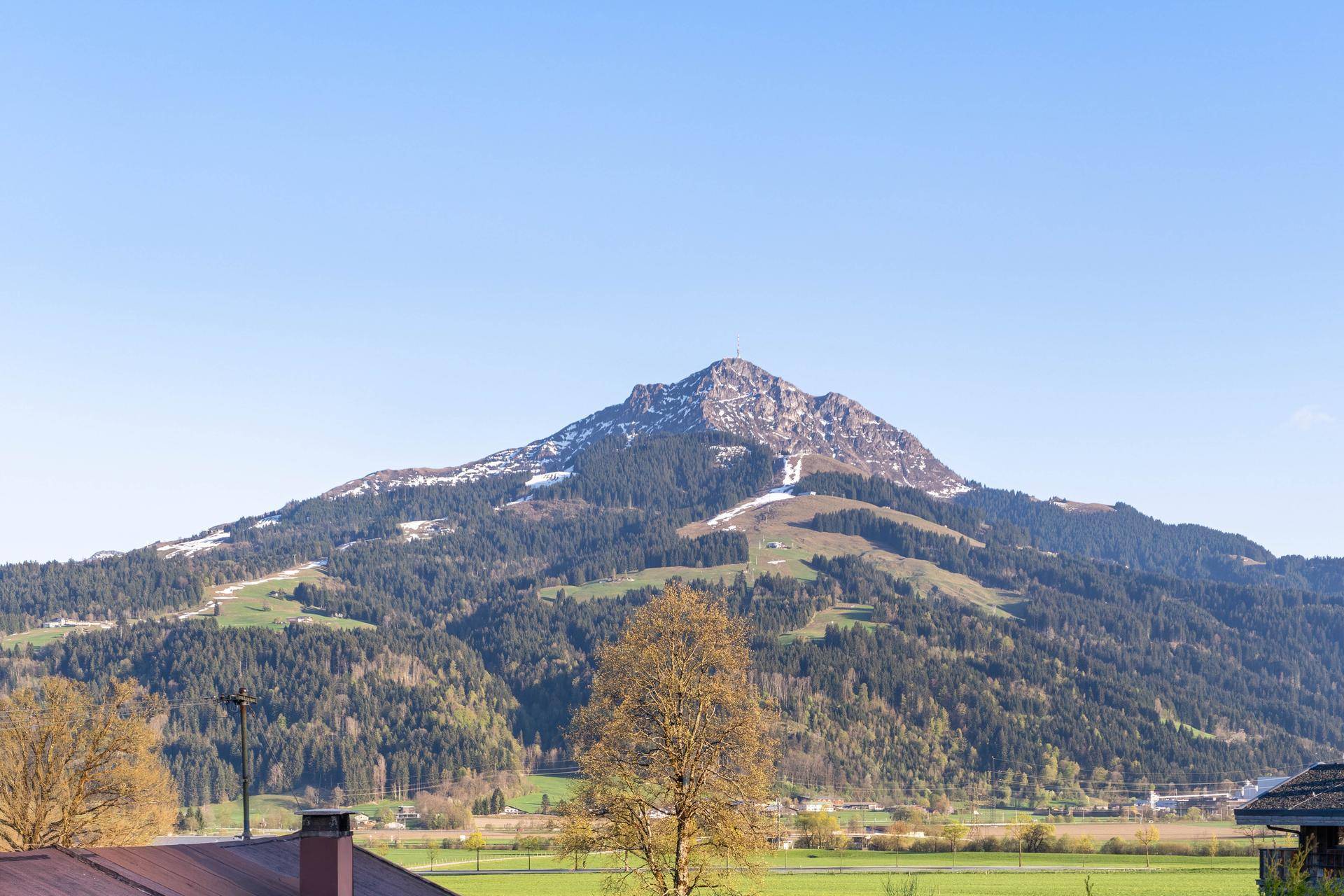 Weitläufiger Blick auf eine bewaldete Berglandschaft unter blauem Himmel.