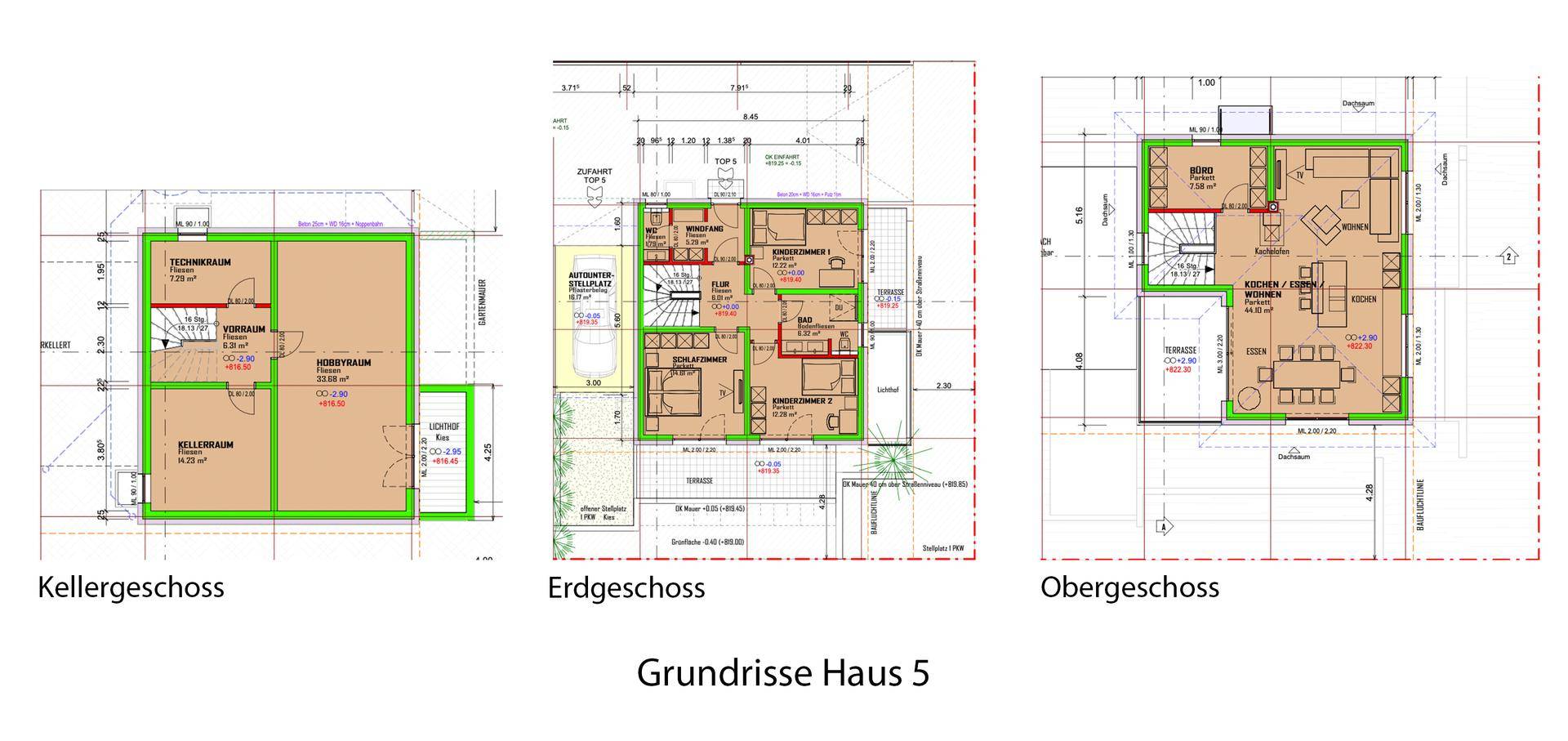 Grundrisse des Hauses 5, zeigen Keller-, Erd- und Obergeschoss mit Raumaufteilung.