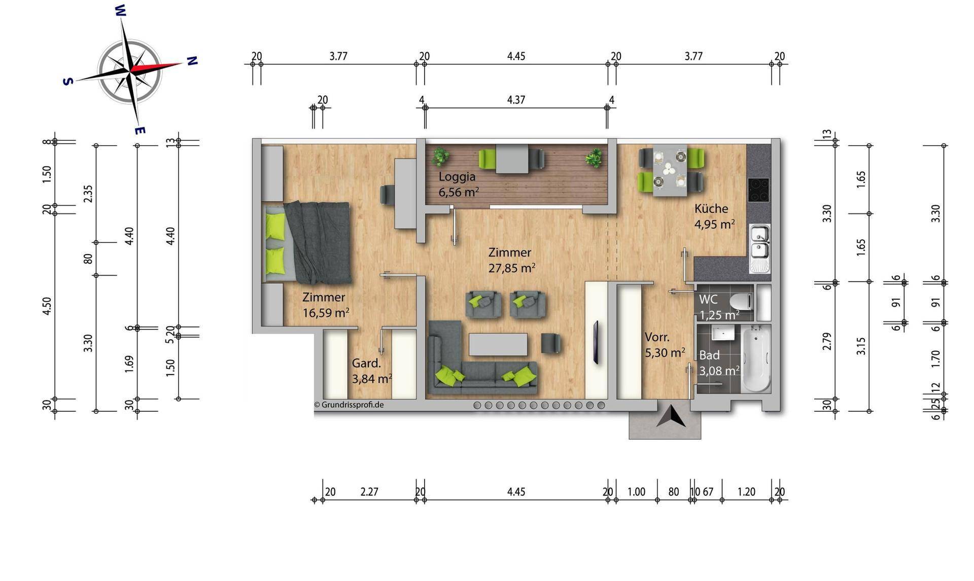 Detaillierter Grundriss der Wohnung mit Zimmeraufteilung und Maßen.