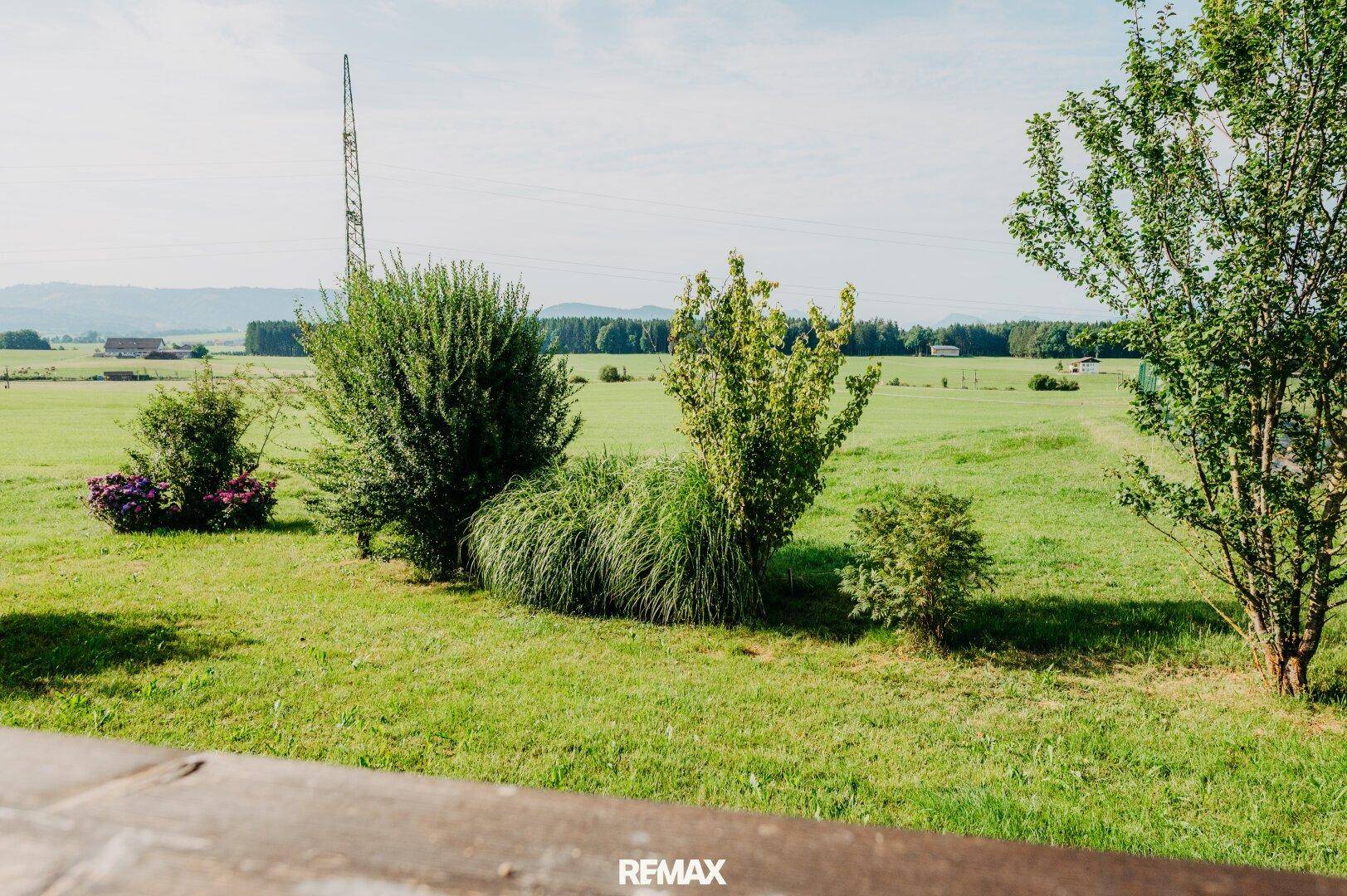 Weitläufige grüne Landschaft mit Feldern und Hügeln in der Ferne.
