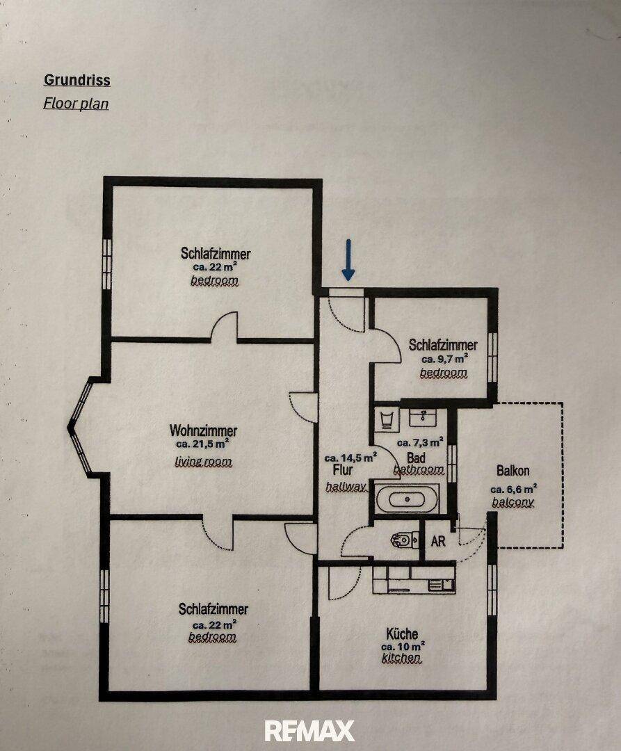 Grundriss der Wohnung mit drei Schlafzimmern, Wohnzimmer, Küche und Balkon.
