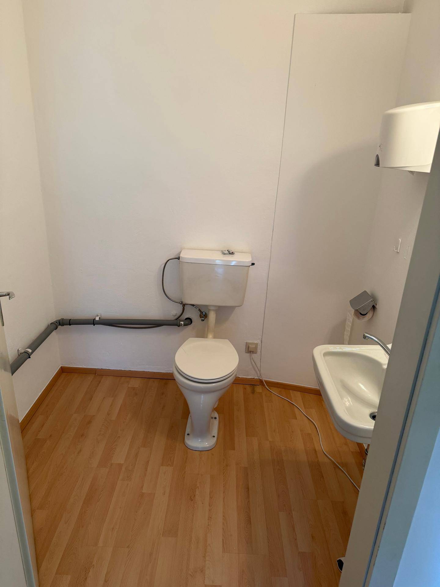Kleiner Toilettenraum mit WC, Handwaschbecken und hellem Laminatboden, funktional und sauber.
