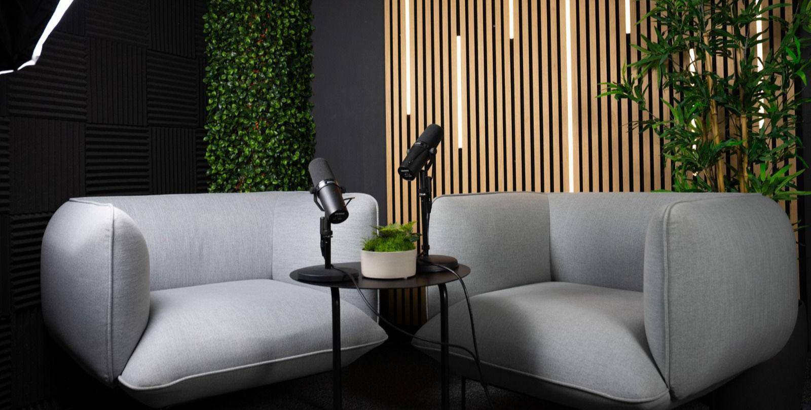 Modernes Studio mit zwei Mikrofonen, bequemen Sesseln und schallabsorbierenden Wänden.
