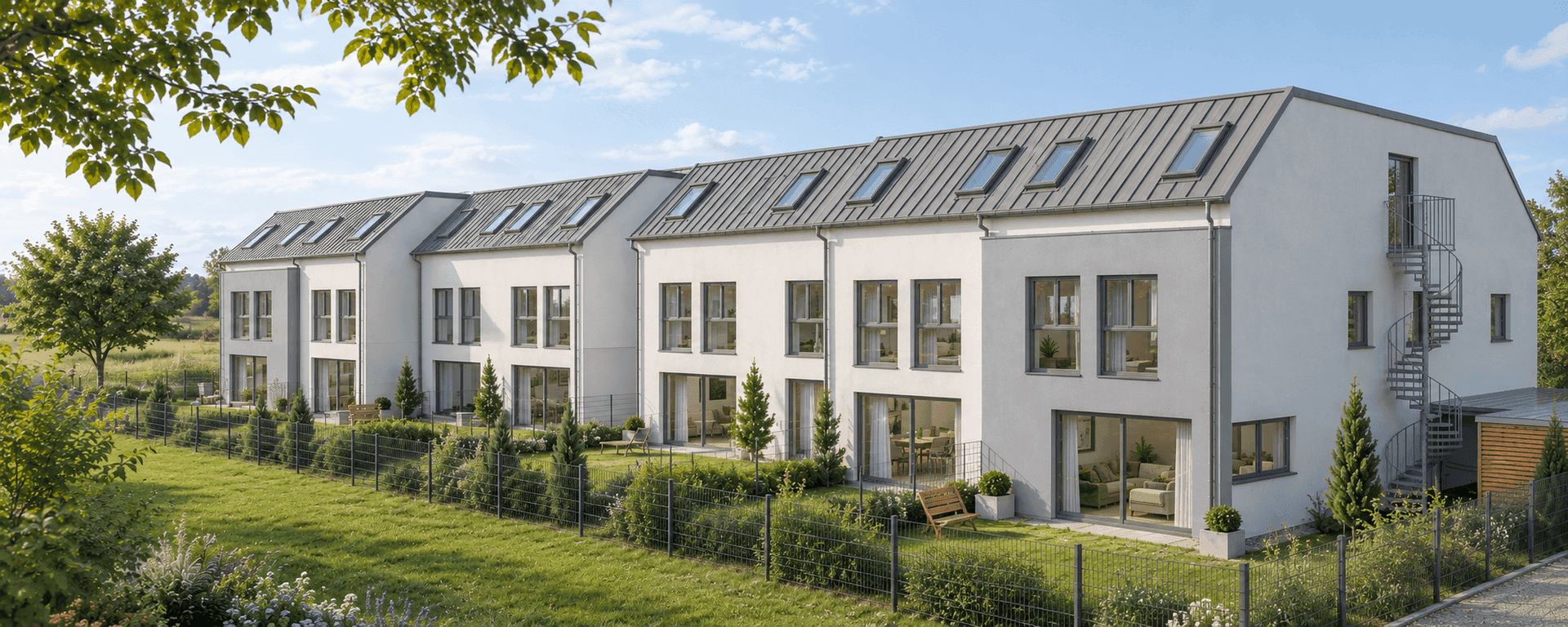 Lange Reihe moderner Reihenhäuser mit privaten Gärten und weitem Blick ins Grüne.