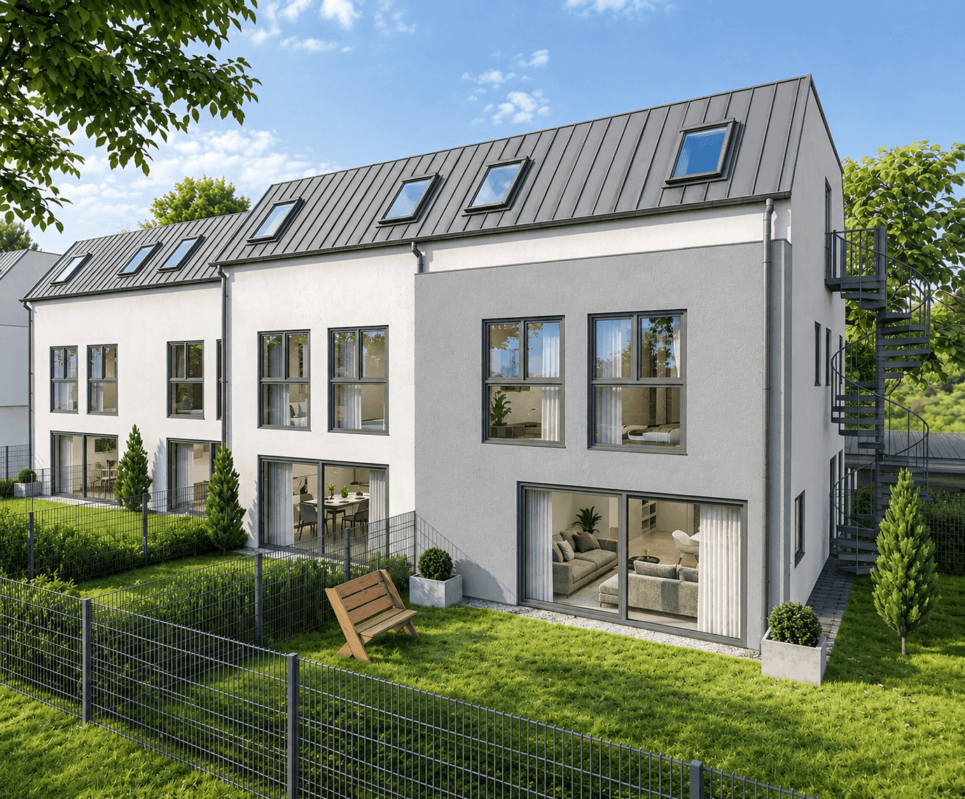 Rückansicht moderner Reihenhäuser mit privaten Gärten und großen Fensterfronten zum Wohnbereich.