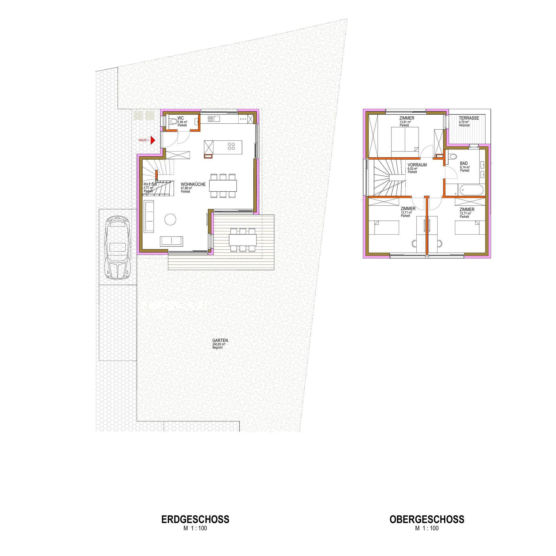 Grundriss des Erdgeschosses und Obergeschosses mit Wohnküche, Zimmern, Bad und Terrasse.