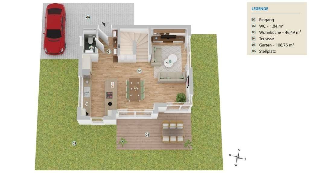 Grundriss des Erdgeschosses mit offenem Wohn-Essbereich, Küche, Terrasse und Garten.