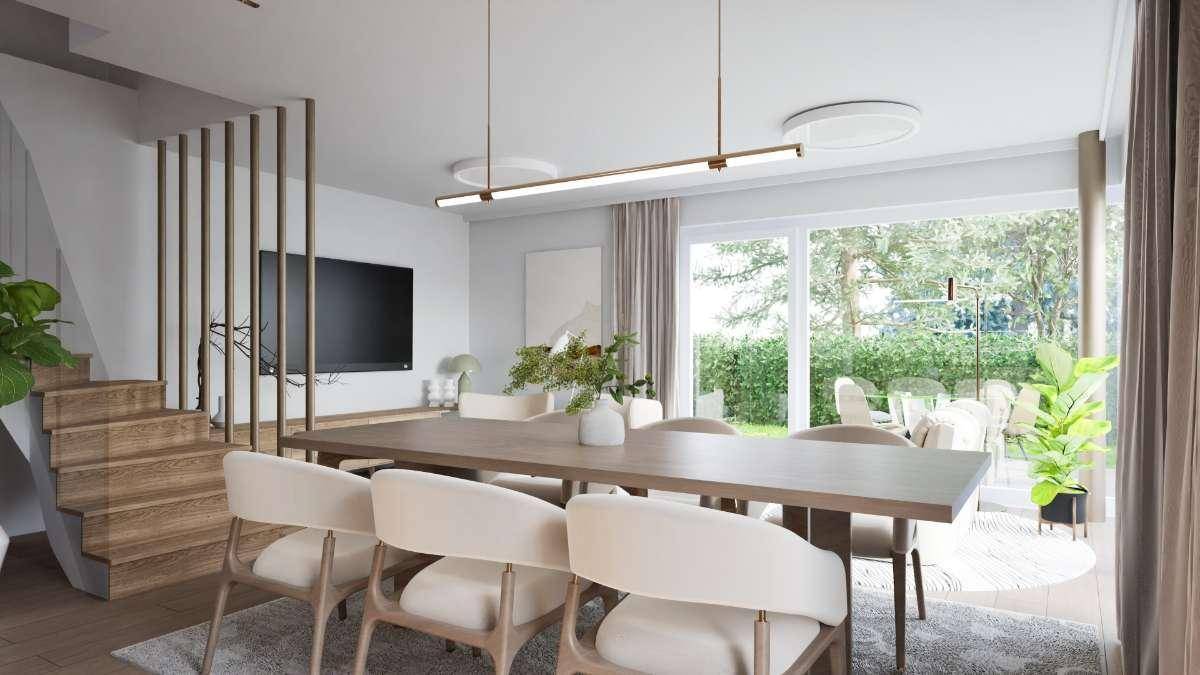 Lichtdurchfluteter Essbereich mit Holztisch, modernen Stühlen und Zugang zum Garten.
