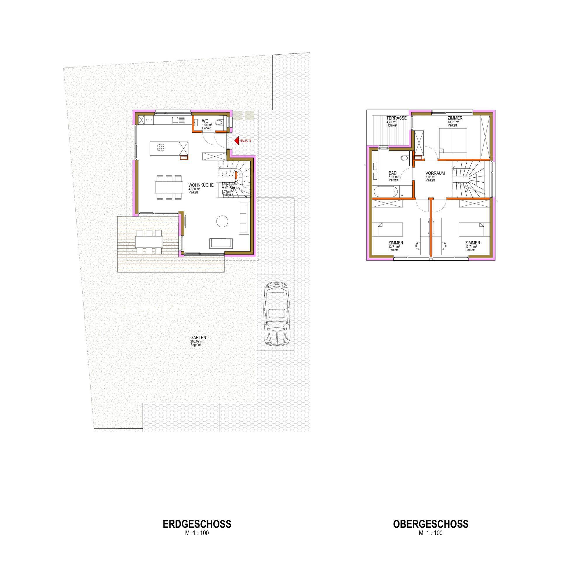 Grundriss des Erd- und Obergeschosses mit offener Wohnküche, Terrasse und Balkon.