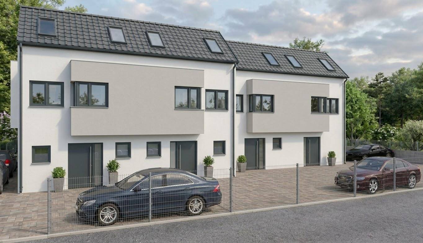 Moderne Reihenhauszeile mit gepflasterten Einfahrten und Parkplätzen vor den Eingängen.