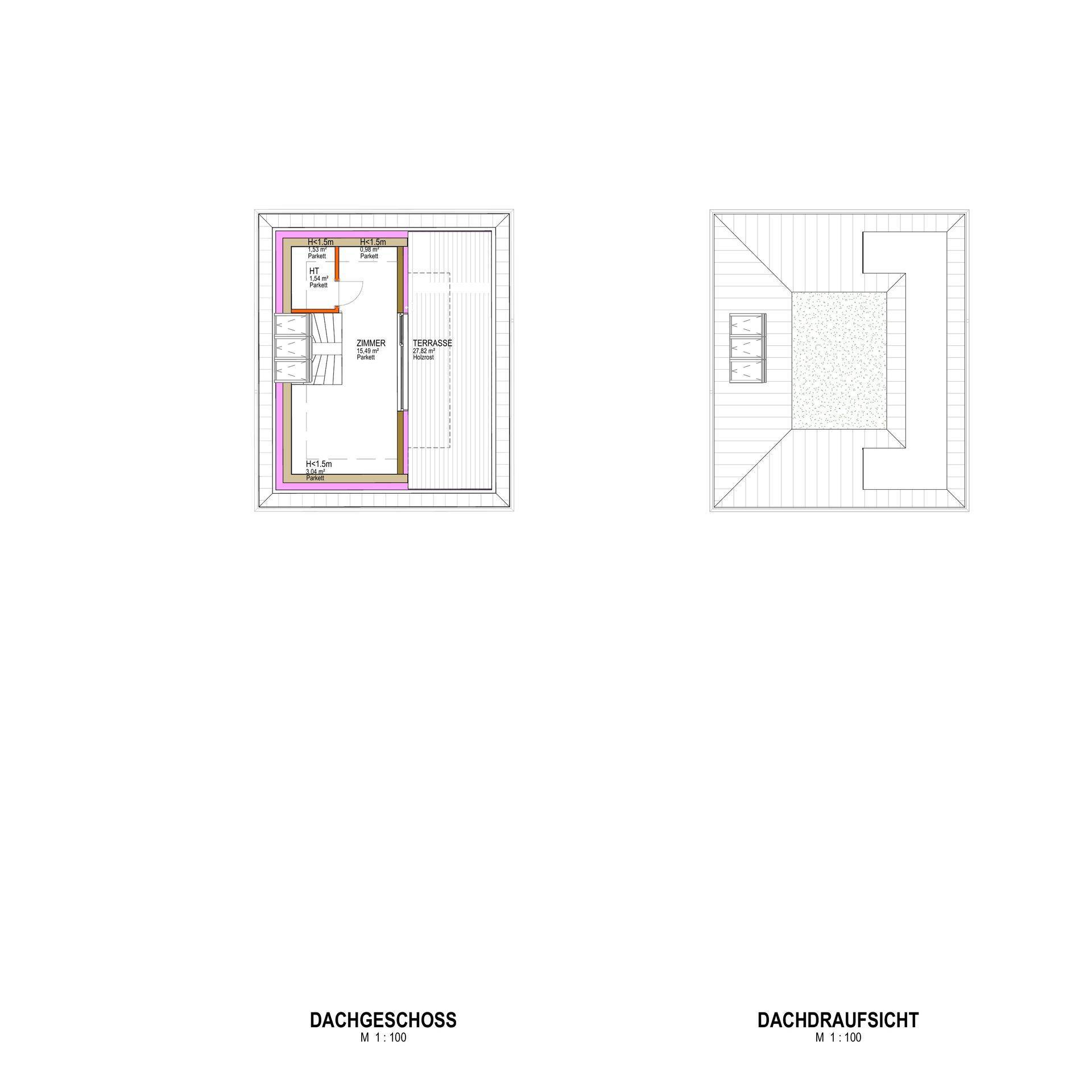 Grundriss des Dachgeschosses mit Zimmer, Terrasse und einer Draufsicht des Daches.