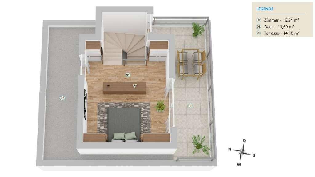 Grundriss des Dachgeschosses mit einem Zimmer und einer großzügigen Dachterrasse.