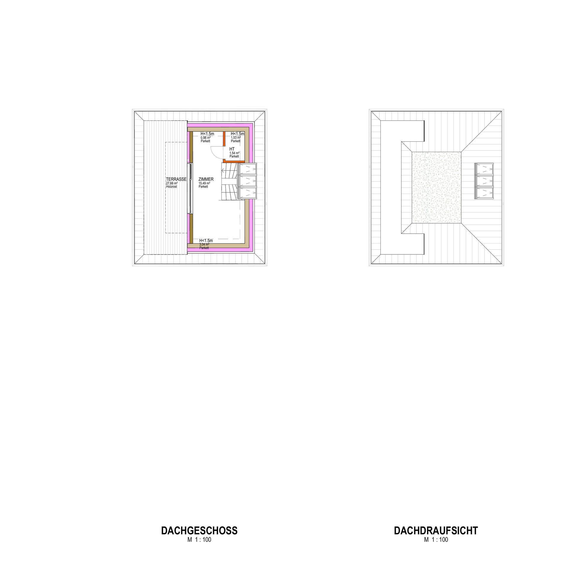 Grundriss des Dachgeschosses mit Zimmer und großer Dachterrasse sowie Dachaufsicht.