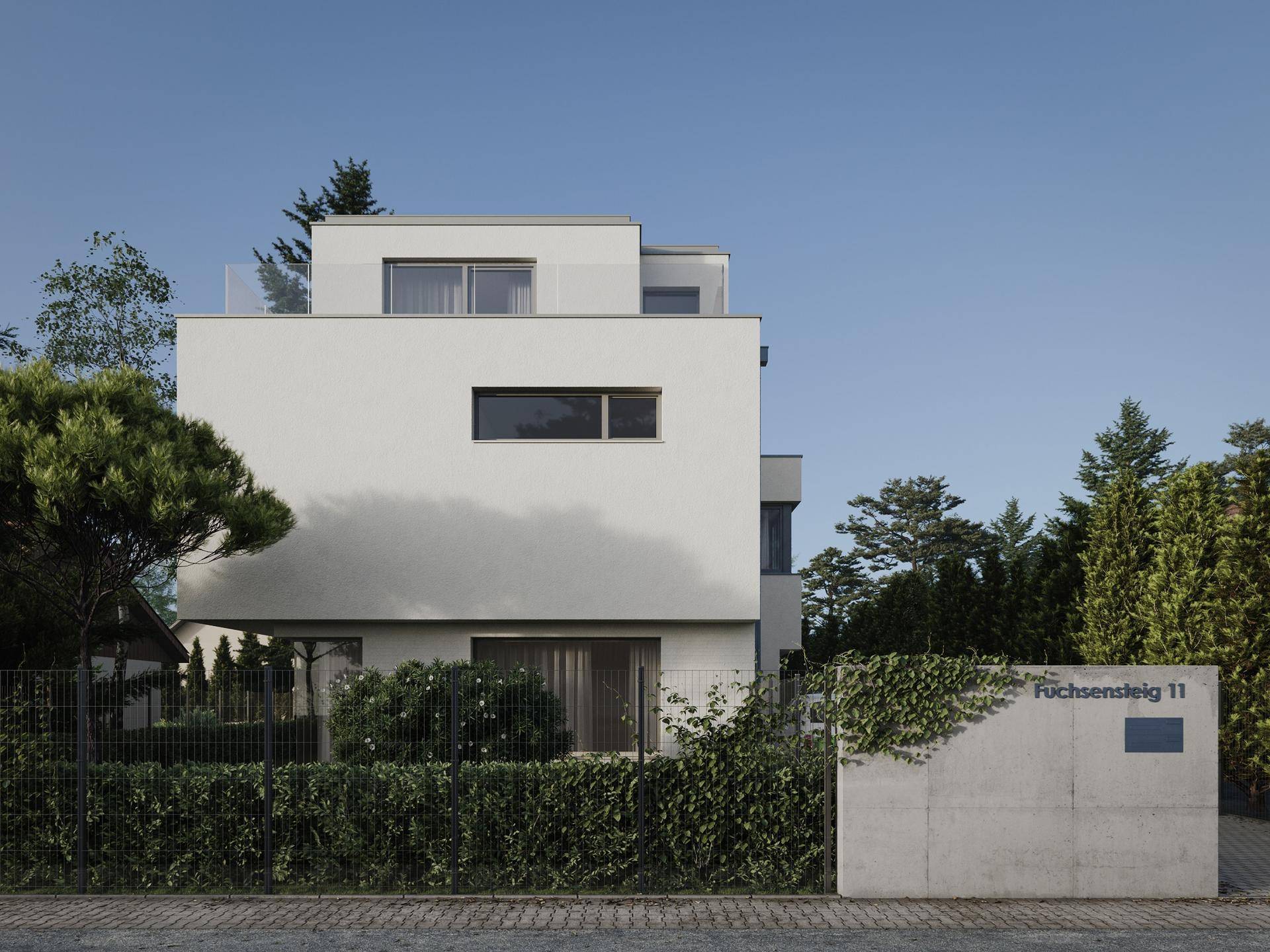 Ansicht der modernen Stadtvilla von der Straße mit klaren Linien und grüner Hecke.