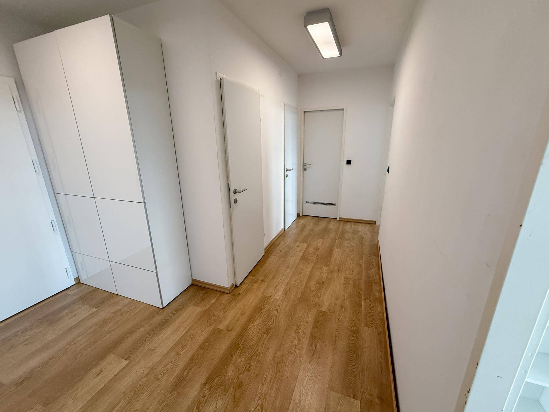 Heller Flur mit Holzboden und praktischen weißen Einbauschränken für zusätzlichen Stauraum.
