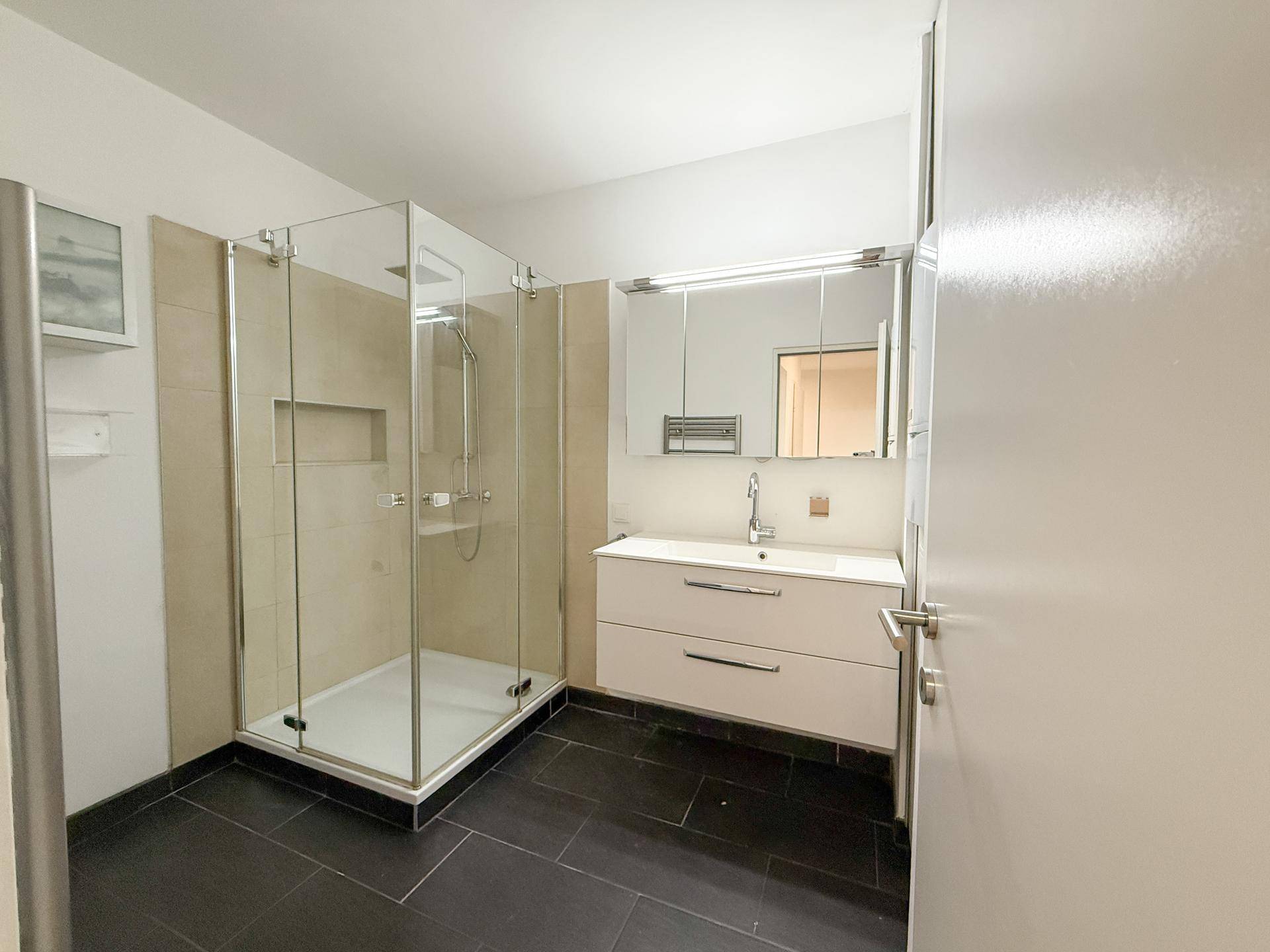 Geräumiges Badezimmer mit moderner Glasdusche, Einzelwaschbecken und dunklem Fliesenboden.