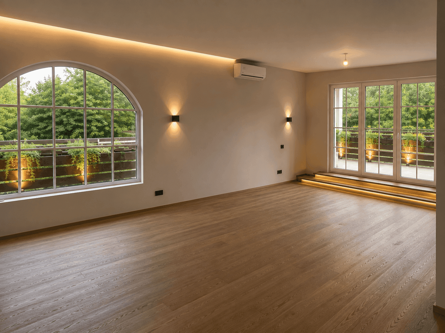 Heller, unmöblierter Raum mit großen Fenstern, Holzboden und Zugang zu einem Balkon.