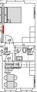 Grundriss einer Wohnung mit Schlafzimmer, Bad und einem Zimmer mit integriertem Kochbereich.