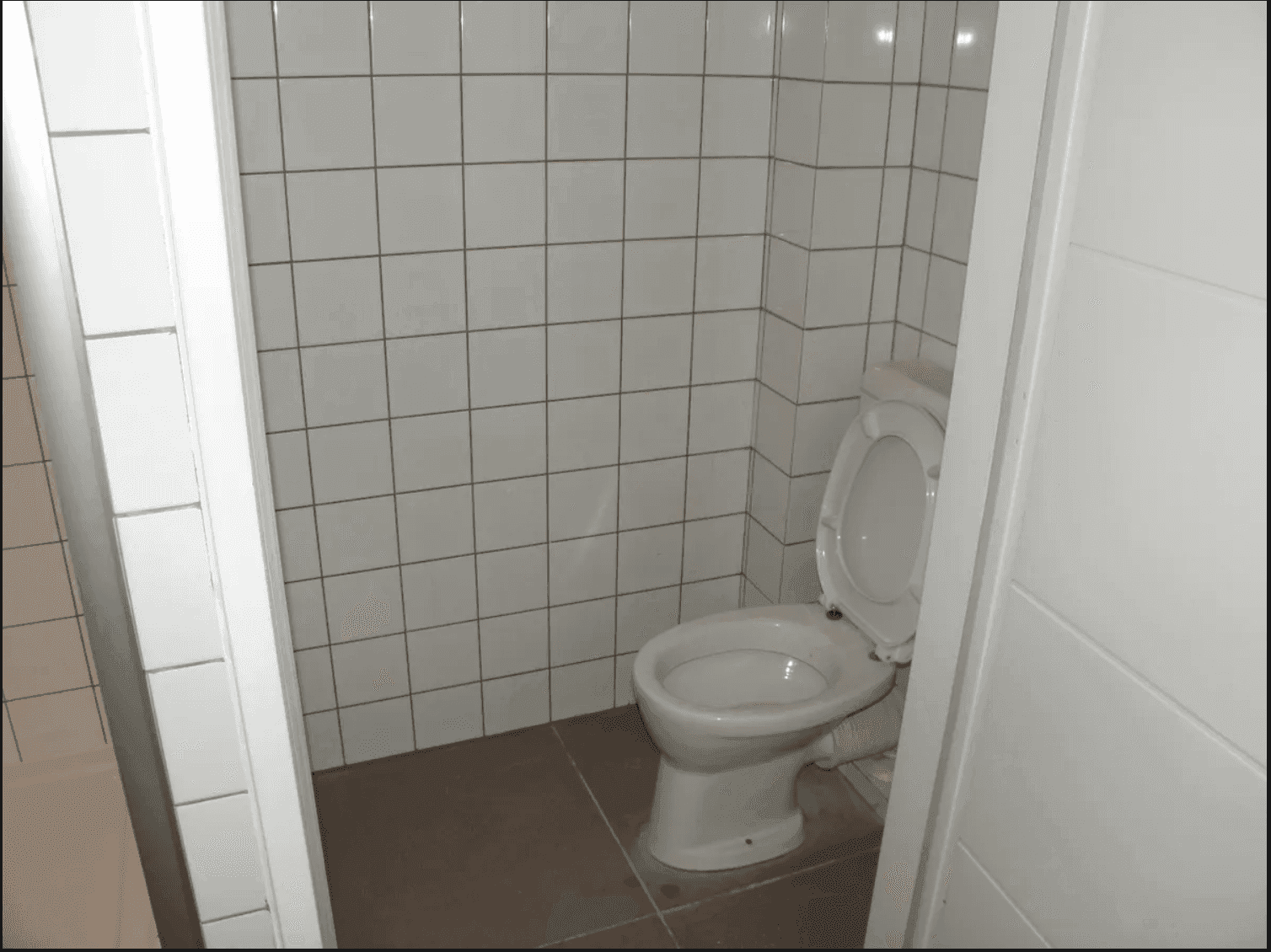 Separate Toilette mit weißen Fliesen und einem einfachen WC-Becken, funktional gestaltet.
