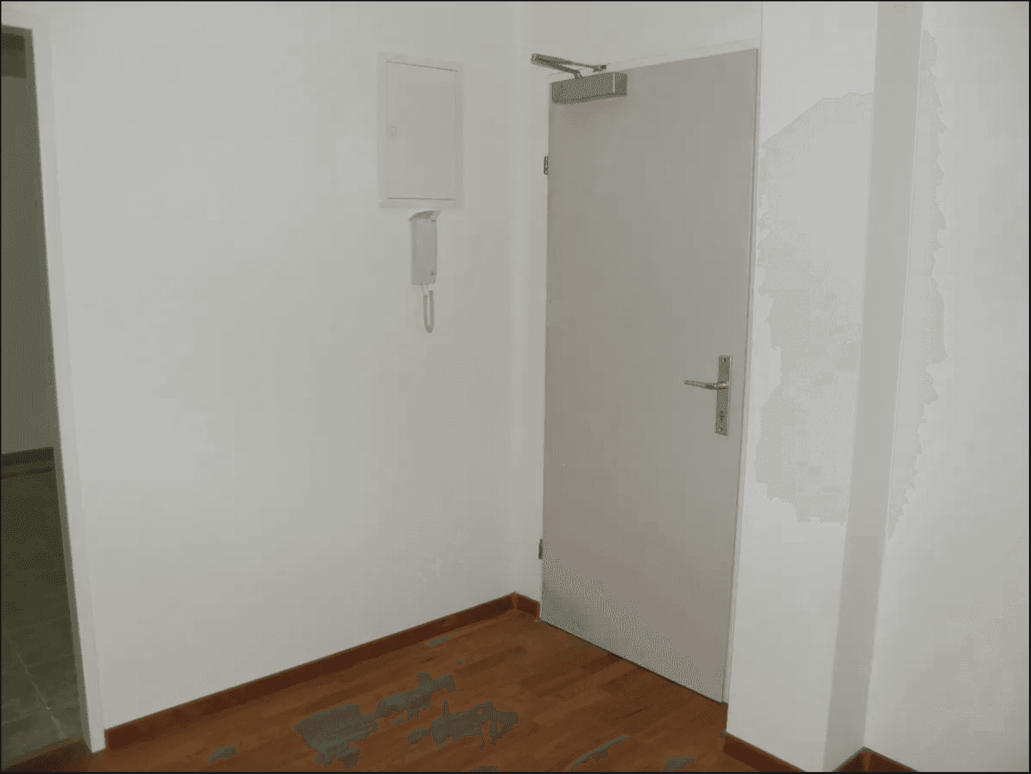 Eingangsbereich mit Holzboden und einer Tür, die zu den Wohnräumen führt, leichte Abnutzungsspuren.
