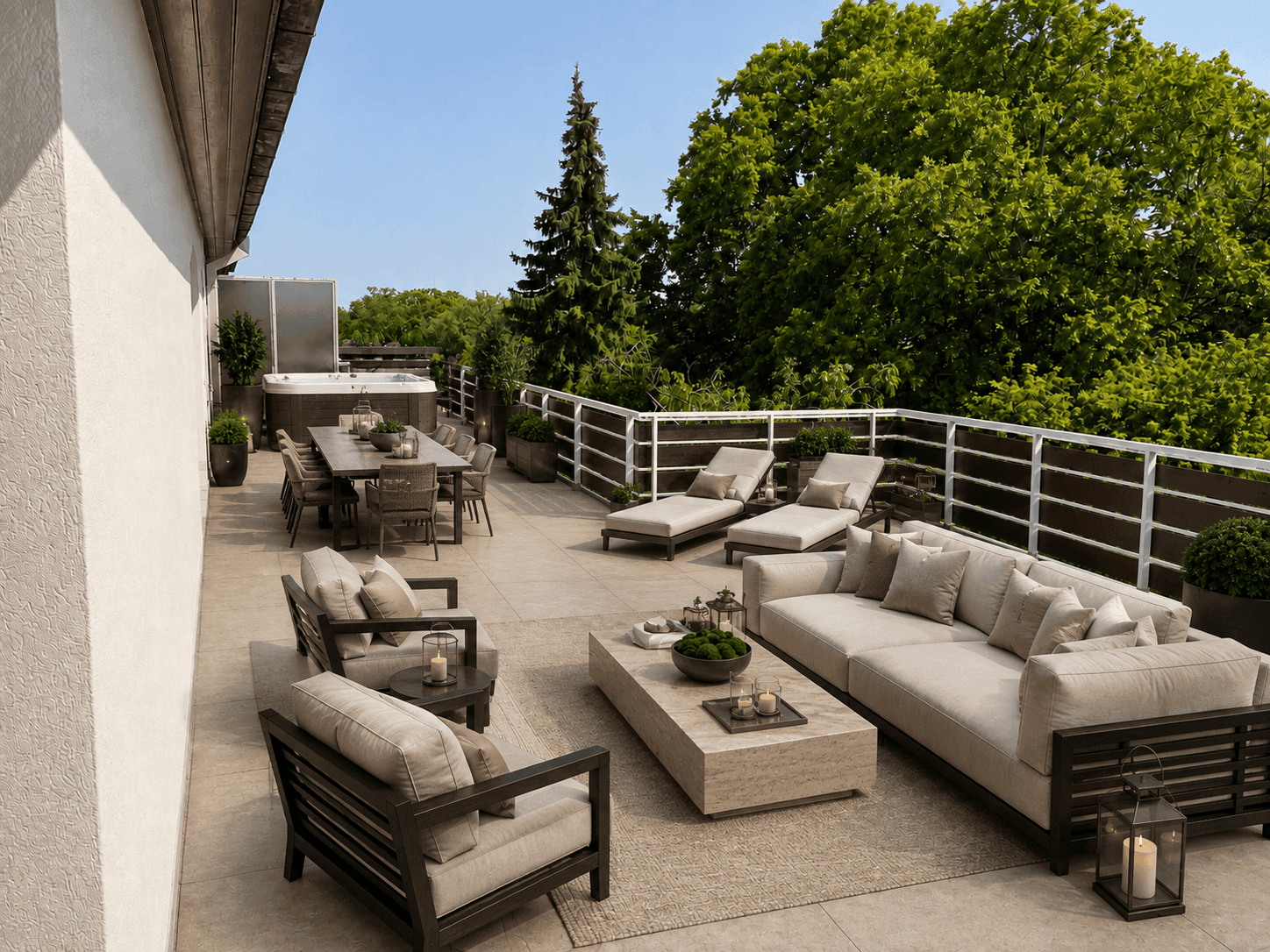 Große Dachterrasse mit Essbereich, Lounge-Möbeln und Whirlpool unter blauem Himmel.