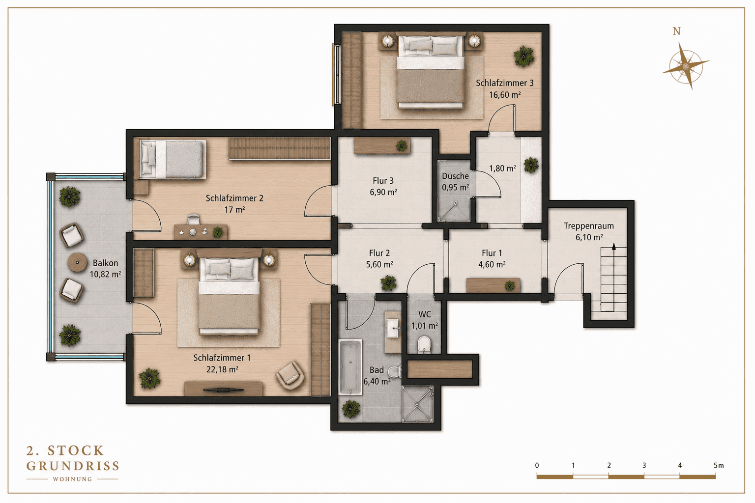 Grundriss der 2. Etage mit drei Schlafzimmern, zwei Bädern, separatem WC und Balkon.