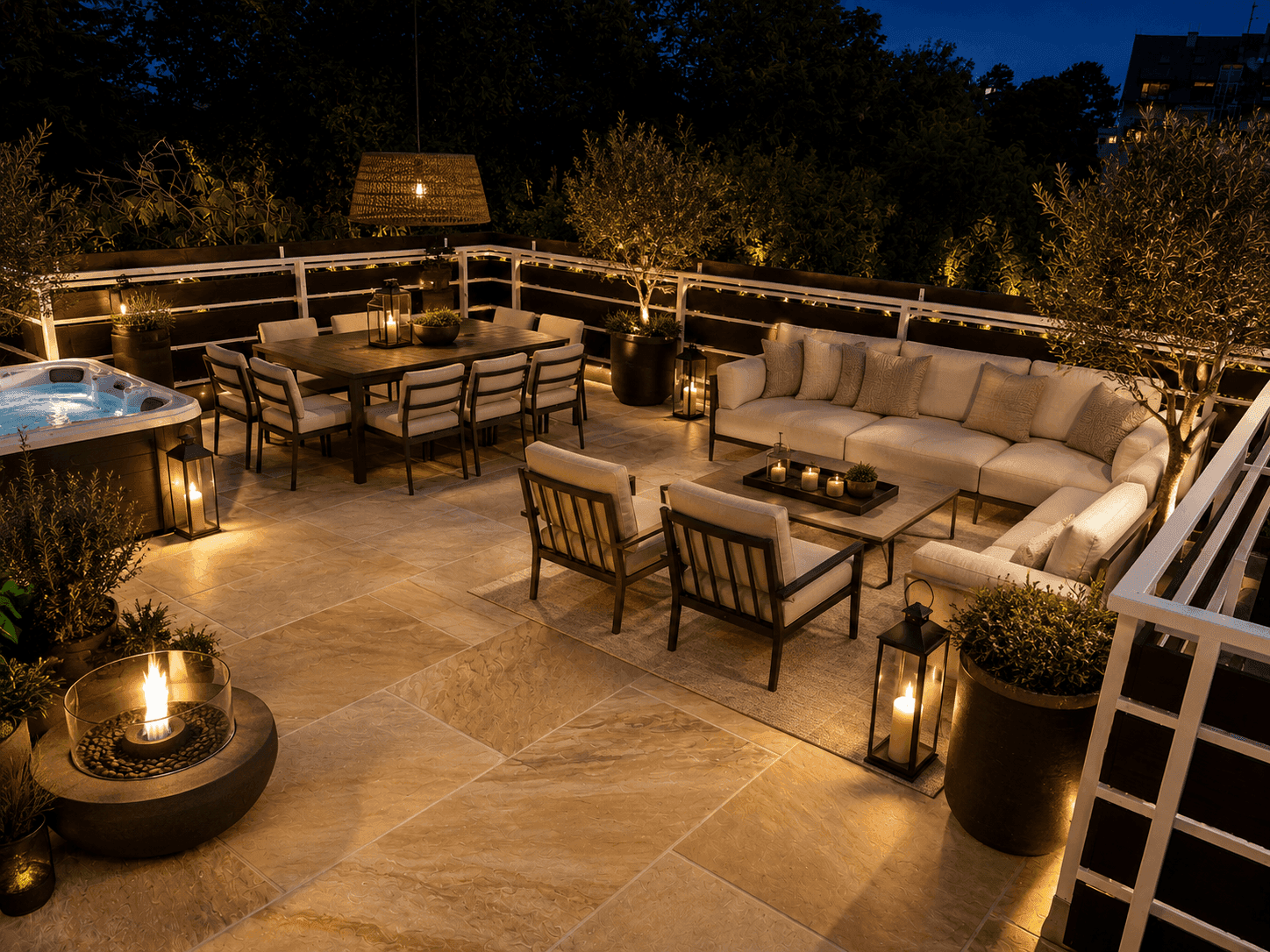 Beleuchtete Dachterrasse bei Nacht mit Whirlpool, Essbereich und Lounge-Möbeln.