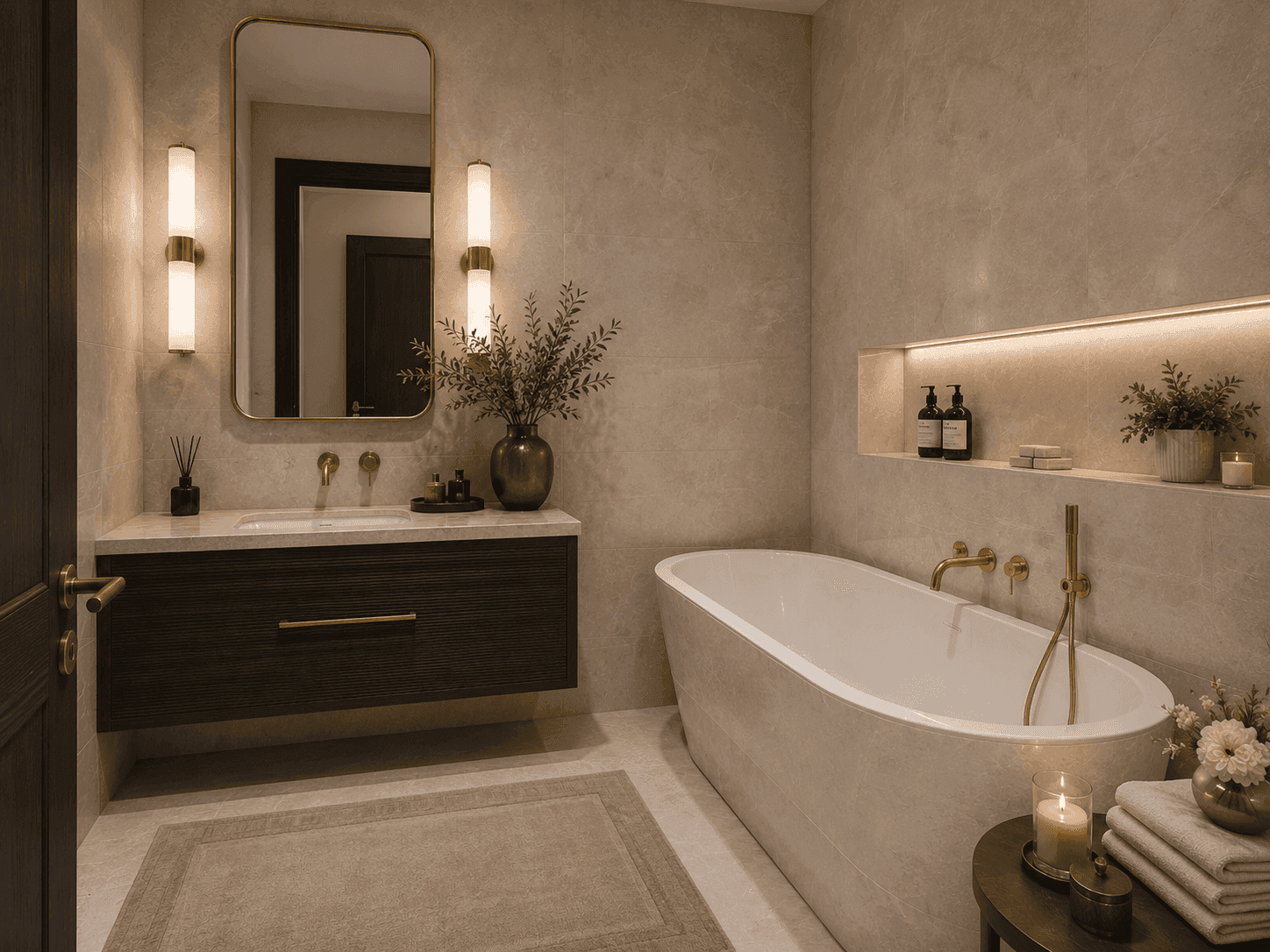 Luxuriöses Badezimmer mit freistehender Badewanne, modernem Waschtisch und indirekter Beleuchtung.