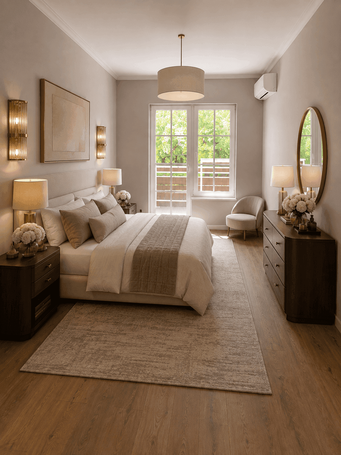 Helles Schlafzimmer mit Holzboden, Doppelbett und Blick ins Grüne durch große Fenster.