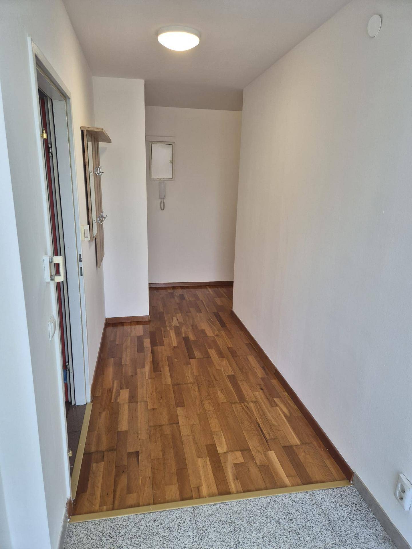 Eingangsbereich mit Terrazzoboden, der in einen Flur mit Parkettboden übergeht.