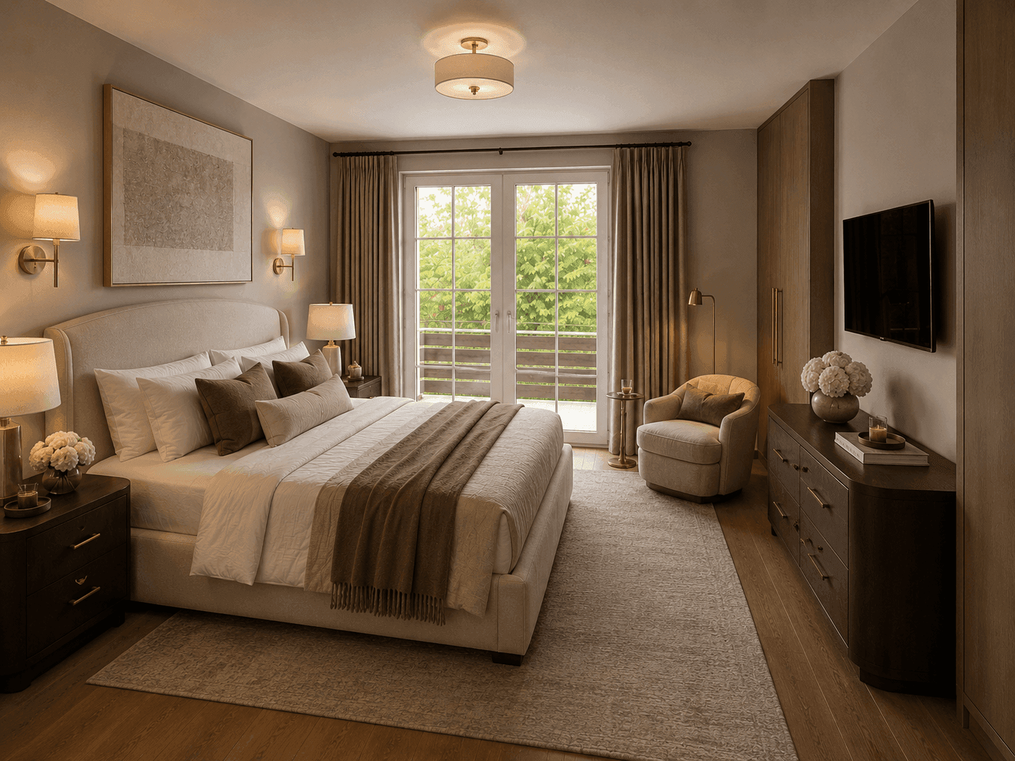 Elegantes Schlafzimmer mit Doppelbett, Holzboden und Zugang zu einem privaten Balkon.