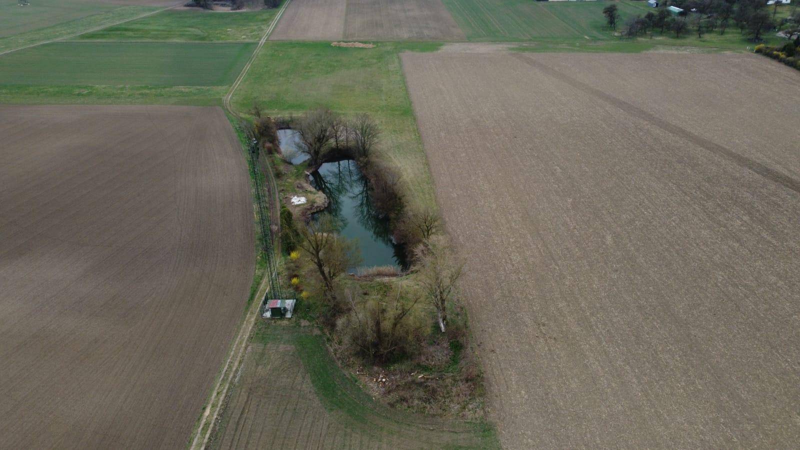 Luftaufnahme von landwirtschaftlichen Feldern mit zwei Teichen und umgebender Vegetation.