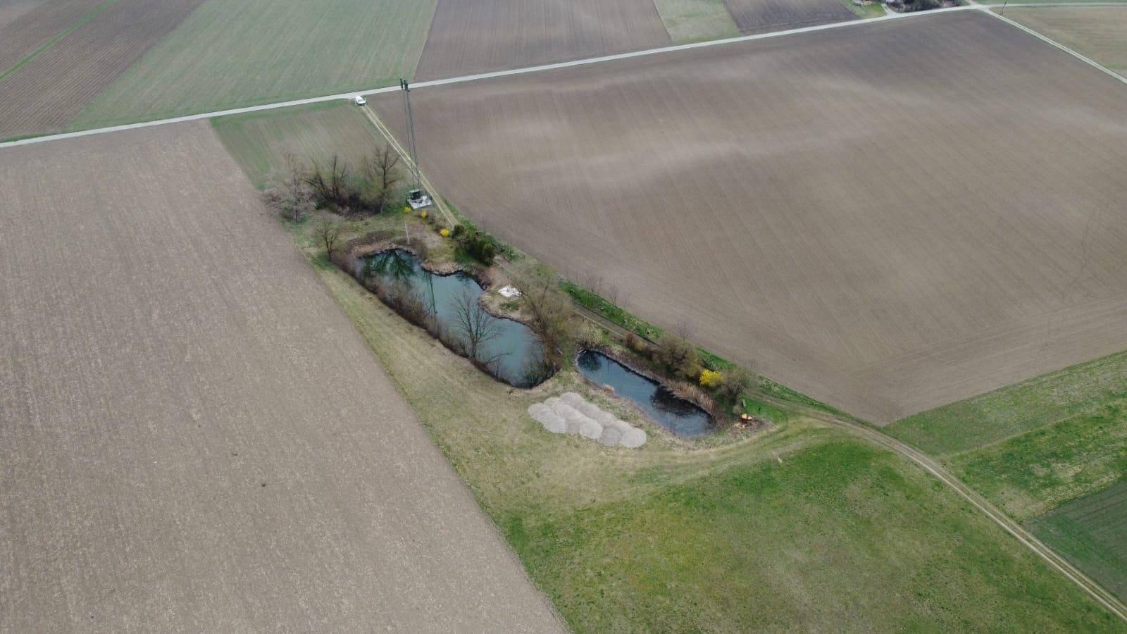 Luftbild der ländlichen Umgebung mit zwei Teichen, umgeben von Feldern und Wegen.
