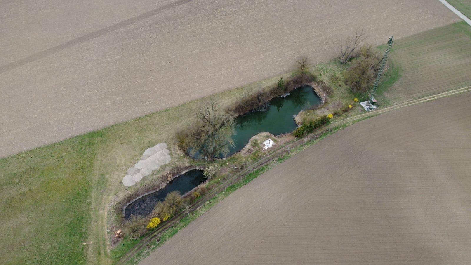 Senkrechte Luftaufnahme der zwei Teiche, eingebettet in die Ackerlandschaft mit kleinen Bäumen.