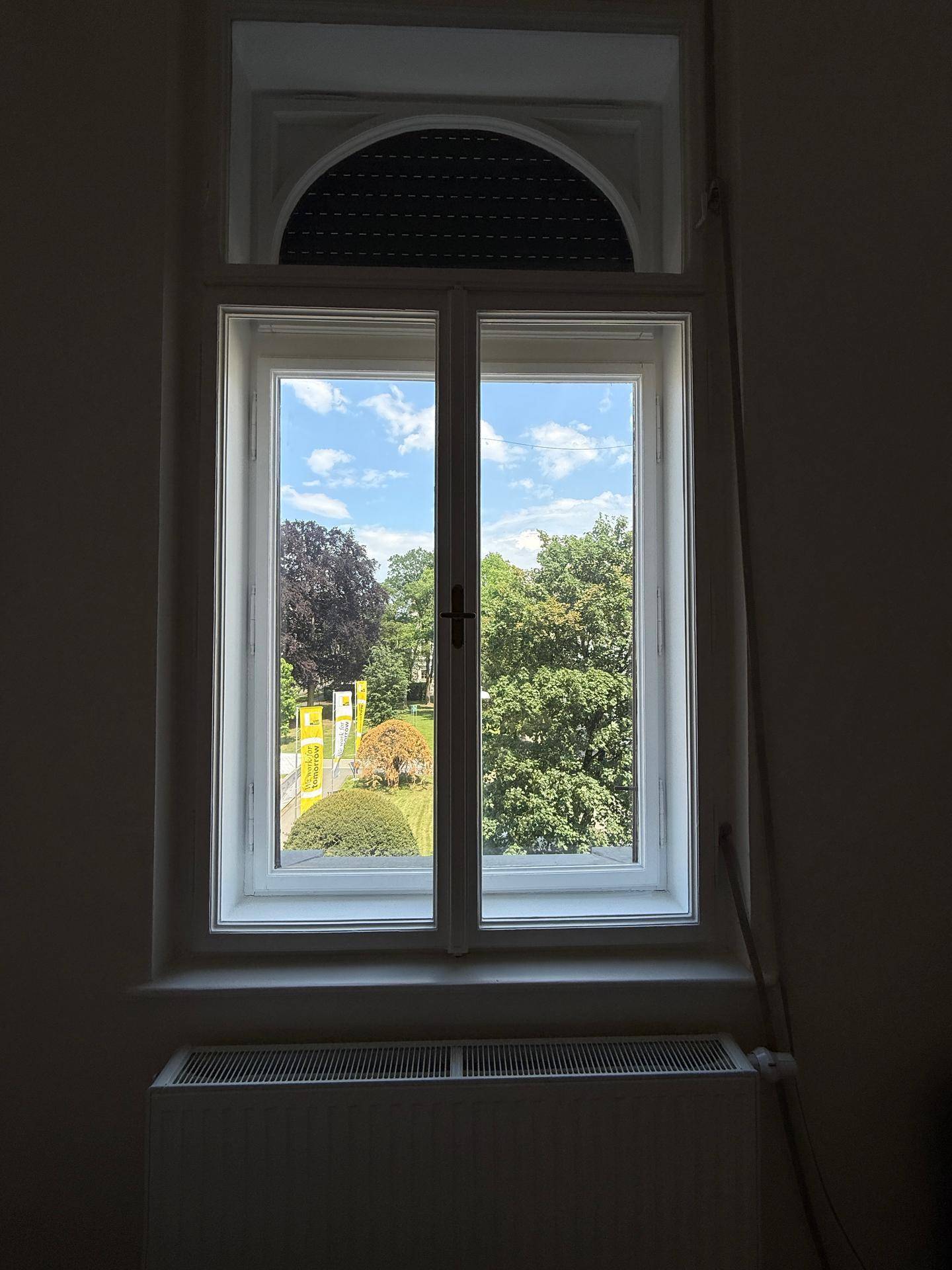Fenster mit Blick auf grüne Bäume und blauen Himmel, das viel Tageslicht hereinlässt.